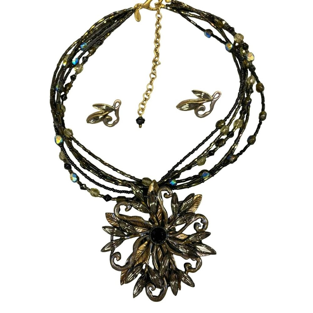 Vintage Chico’s Rhinestone Flower Copper Tone and Black Pendant 5 Strand Beaded